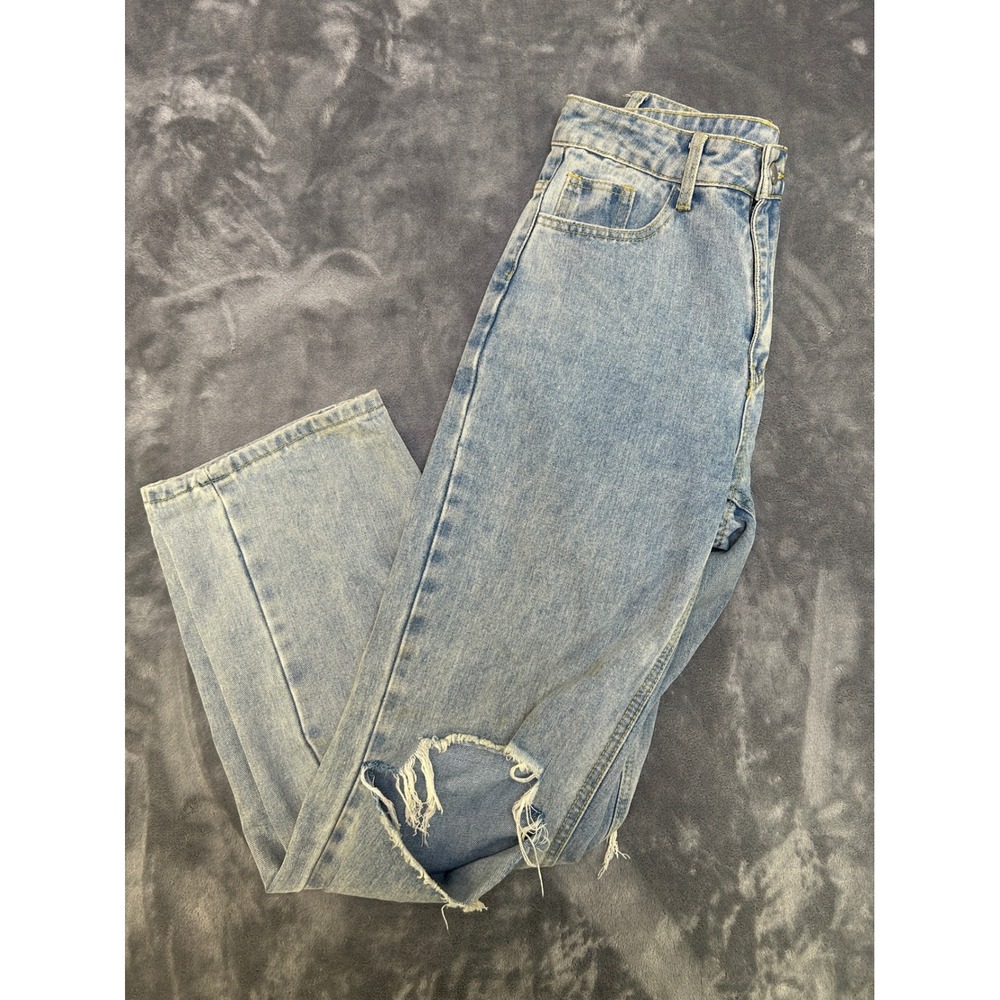 SHEIN Distressed High Waisted Straight Leg Jeans Light Wash Blue Size 27